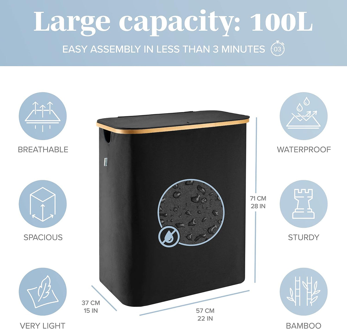 Laundry Basket with Lid, Made from Breathable Fabric | Aesthetic Clothes Hampers for Laundry with Side Handles & Sturdy Bamboo Frame (40 Gallons - Double, Gray)