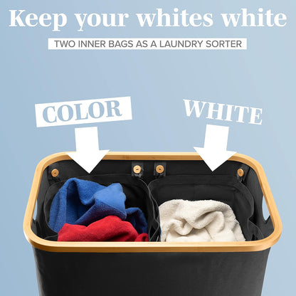 Laundry Basket with Lid, Made from Breathable Fabric | Aesthetic Clothes Hampers for Laundry with Side Handles & Sturdy Bamboo Frame (40 Gallons - Double, Gray)