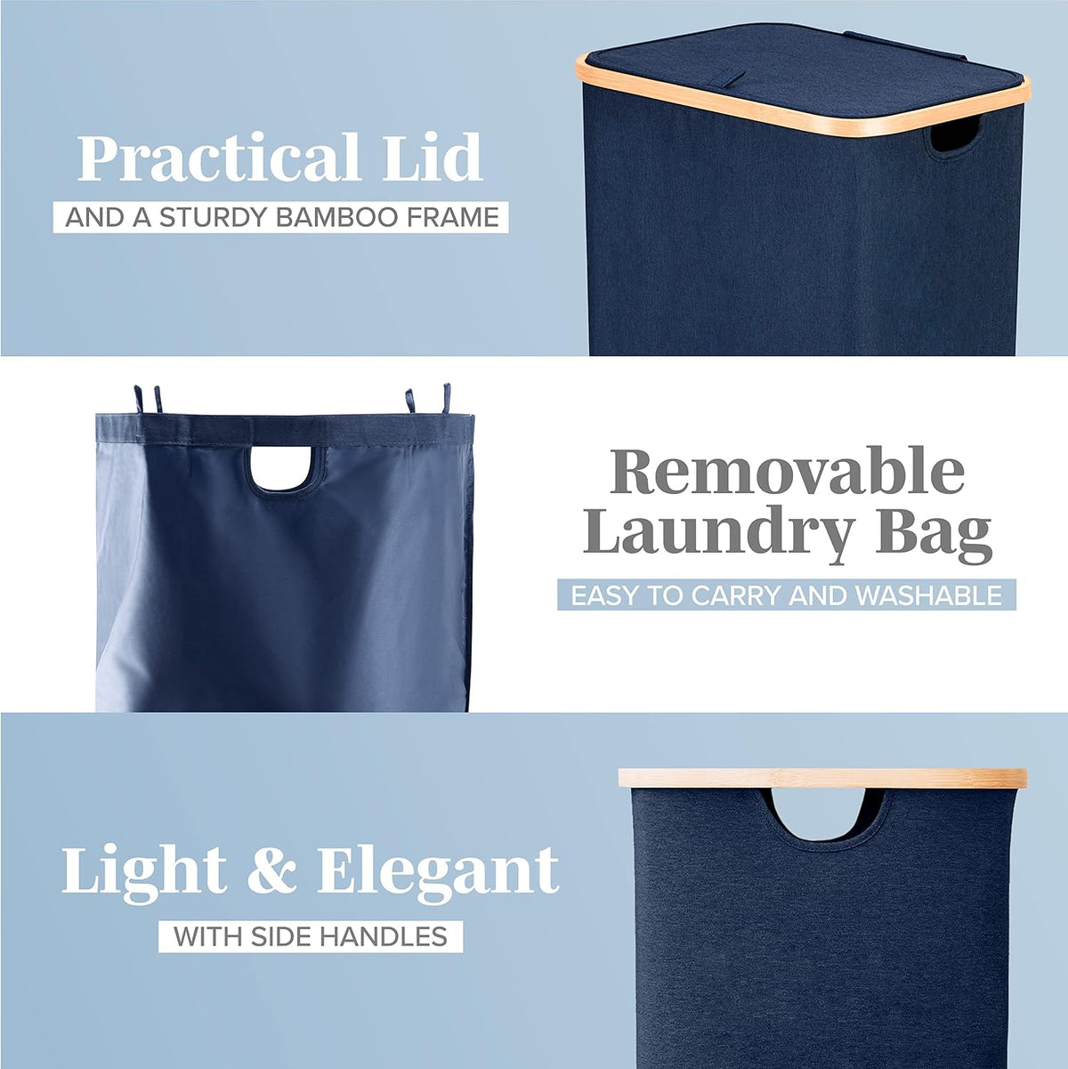 Laundry Basket with Lid, Made from Breathable Fabric | Aesthetic Clothes Hampers for Laundry with Side Handles & Sturdy Bamboo Frame (40 Gallons - Double, Gray)