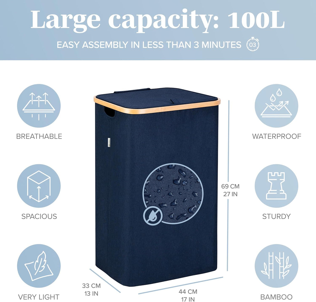 Laundry Basket with Lid, Made from Breathable Fabric | Aesthetic Clothes Hampers for Laundry with Side Handles & Sturdy Bamboo Frame (40 Gallons - Double, Gray)