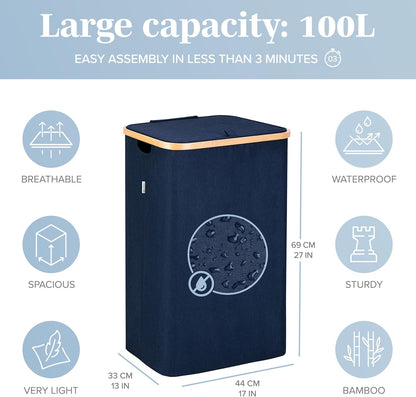 Laundry Basket with Lid, Made from Breathable Fabric | Aesthetic Clothes Hampers for Laundry with Side Handles & Sturdy Bamboo Frame (40 Gallons - Double, Gray)