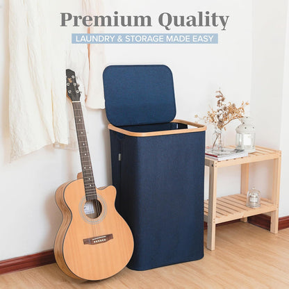 Laundry Basket with Lid, Made from Breathable Fabric | Aesthetic Clothes Hampers for Laundry with Side Handles & Sturdy Bamboo Frame (40 Gallons - Double, Gray)