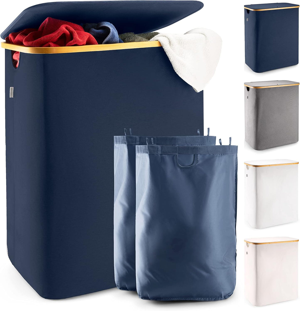 Laundry Basket with Lid, Made from Breathable Fabric | Aesthetic Clothes Hampers for Laundry with Side Handles & Sturdy Bamboo Frame (40 Gallons - Double, Gray)