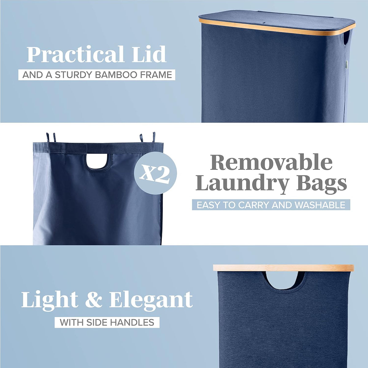 Laundry Basket with Lid, Made from Breathable Fabric | Aesthetic Clothes Hampers for Laundry with Side Handles & Sturdy Bamboo Frame (40 Gallons - Double, Gray)