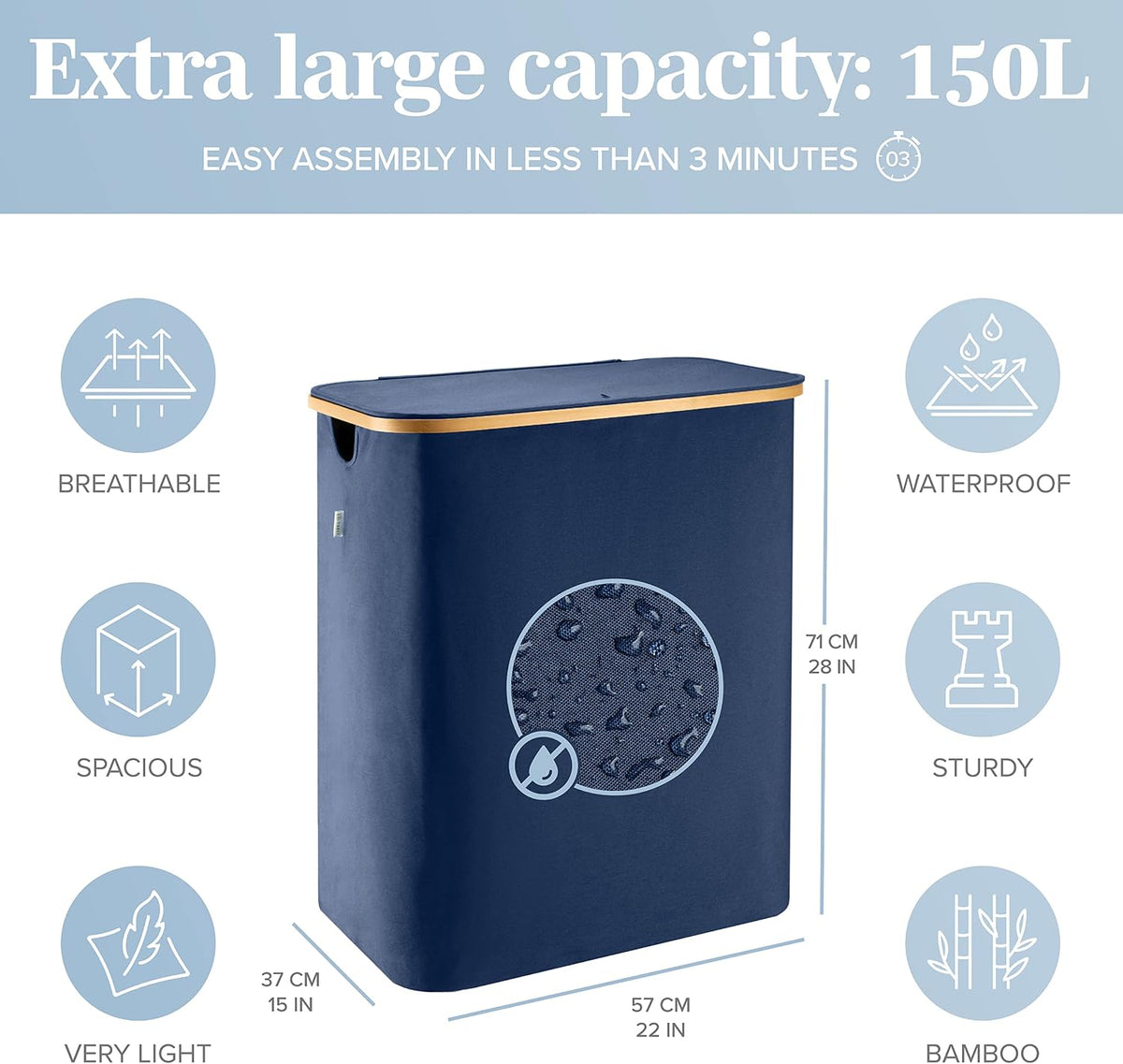 Laundry Basket with Lid, Made from Breathable Fabric | Aesthetic Clothes Hampers for Laundry with Side Handles & Sturdy Bamboo Frame (40 Gallons - Double, Gray)