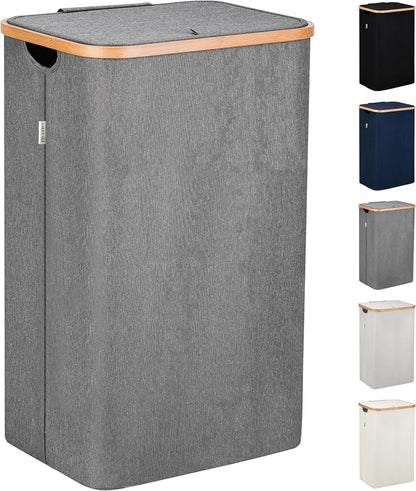 Laundry Basket with Lid, Made from Breathable Fabric | Aesthetic Clothes Hampers for Laundry with Side Handles & Sturdy Bamboo Frame (40 Gallons - Double, Gray)