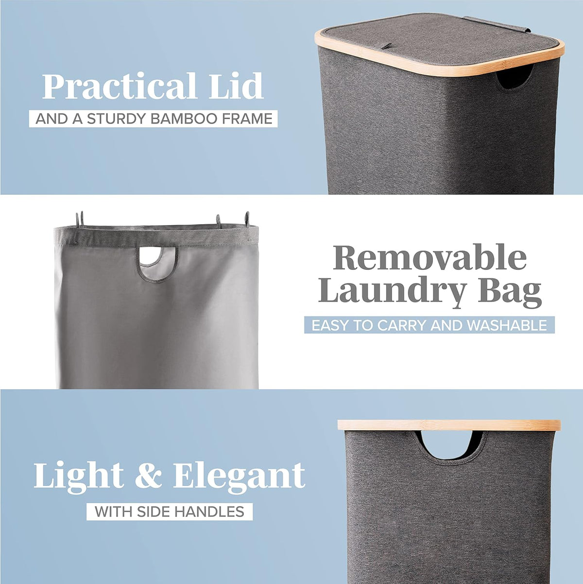 Laundry Basket with Lid, Made from Breathable Fabric | Aesthetic Clothes Hampers for Laundry with Side Handles & Sturdy Bamboo Frame (40 Gallons - Double, Gray)