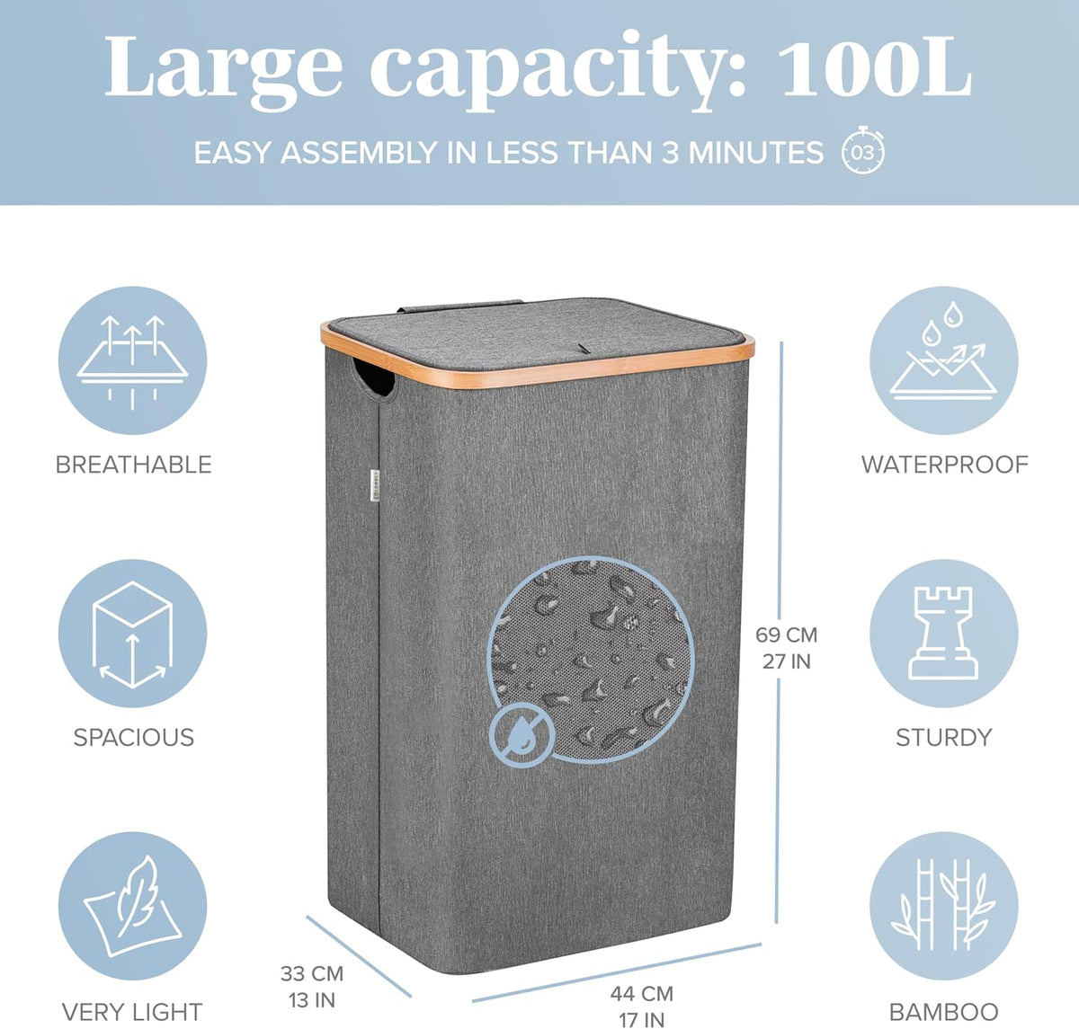 Laundry Basket with Lid, Made from Breathable Fabric | Aesthetic Clothes Hampers for Laundry with Side Handles & Sturdy Bamboo Frame (40 Gallons - Double, Gray)