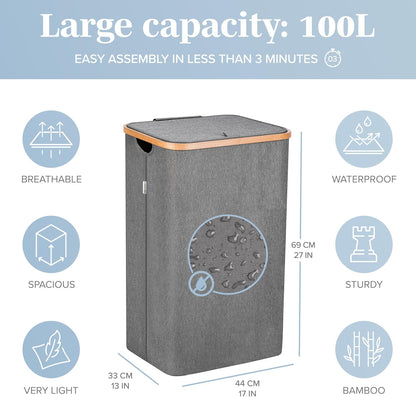 Laundry Basket with Lid, Made from Breathable Fabric | Aesthetic Clothes Hampers for Laundry with Side Handles & Sturdy Bamboo Frame (40 Gallons - Double, Gray)