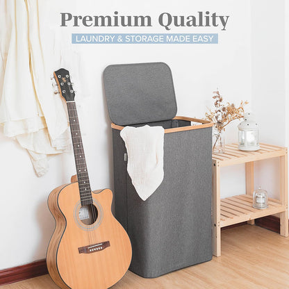 Laundry Basket with Lid, Made from Breathable Fabric | Aesthetic Clothes Hampers for Laundry with Side Handles & Sturdy Bamboo Frame (40 Gallons - Double, Gray)