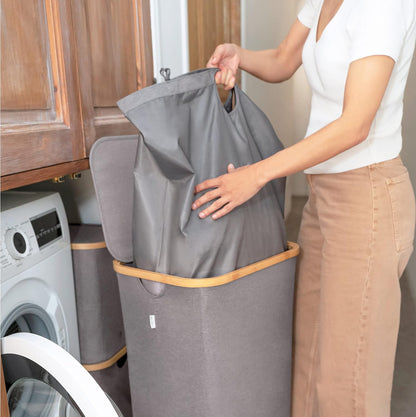 Laundry Basket with Lid, Made from Breathable Fabric | Aesthetic Clothes Hampers for Laundry with Side Handles & Sturdy Bamboo Frame (40 Gallons - Double, Gray)