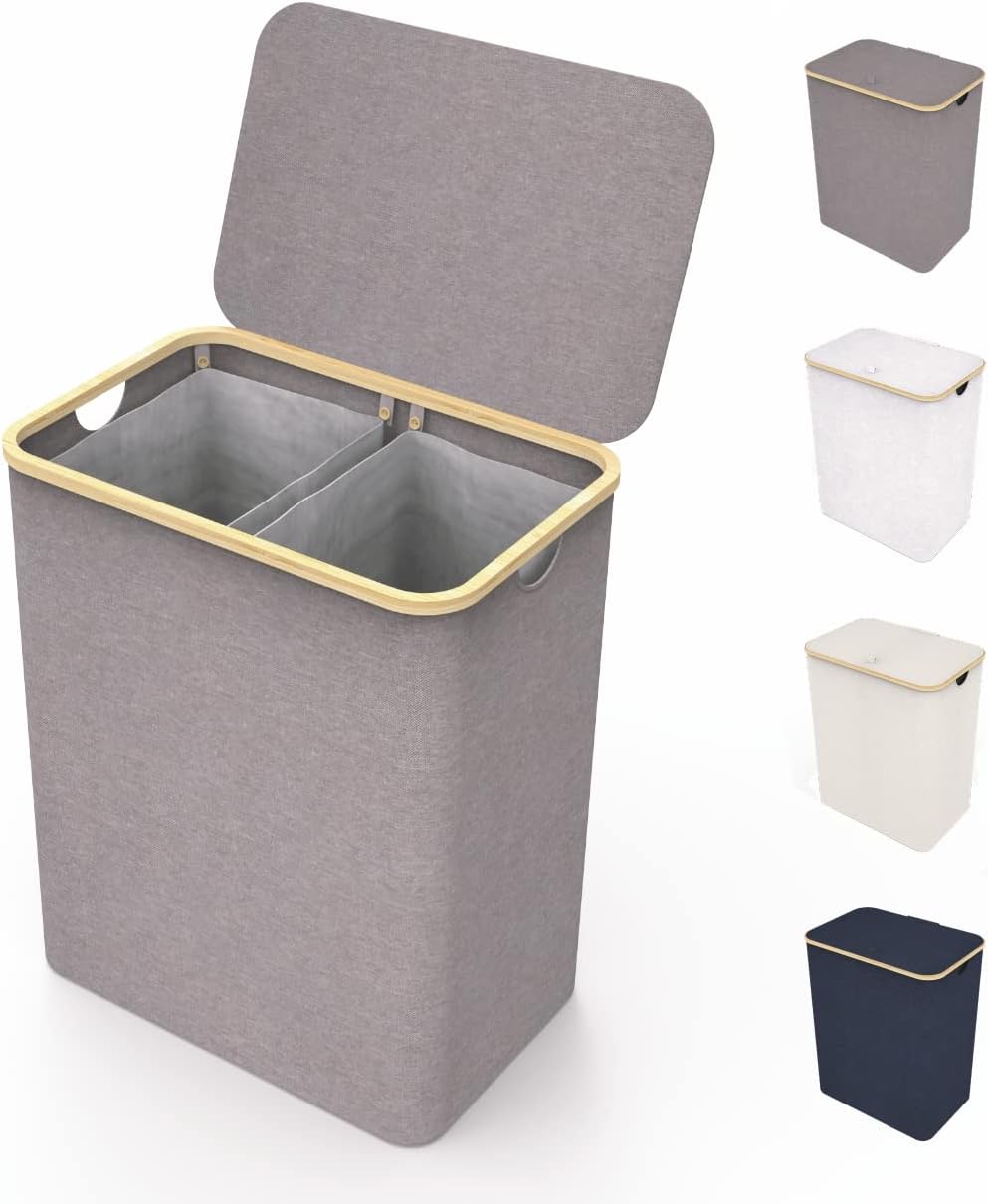 Laundry Basket with Lid, Made from Breathable Fabric | Aesthetic Clothes Hampers for Laundry with Side Handles & Sturdy Bamboo Frame (40 Gallons - Double, Gray)