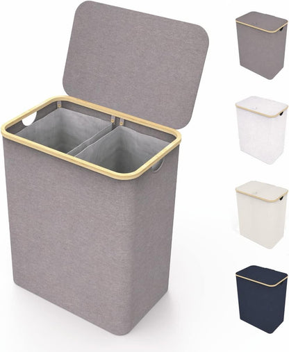 Laundry Basket with Lid, Made from Breathable Fabric | Aesthetic Clothes Hampers for Laundry with Side Handles & Sturdy Bamboo Frame (40 Gallons - Double, Gray)