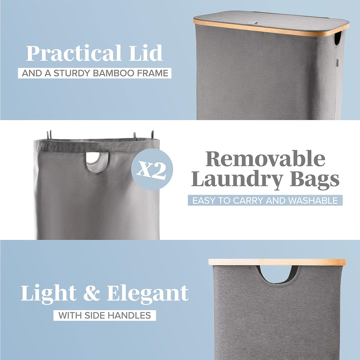 Laundry Basket with Lid, Made from Breathable Fabric | Aesthetic Clothes Hampers for Laundry with Side Handles & Sturdy Bamboo Frame (40 Gallons - Double, Gray)