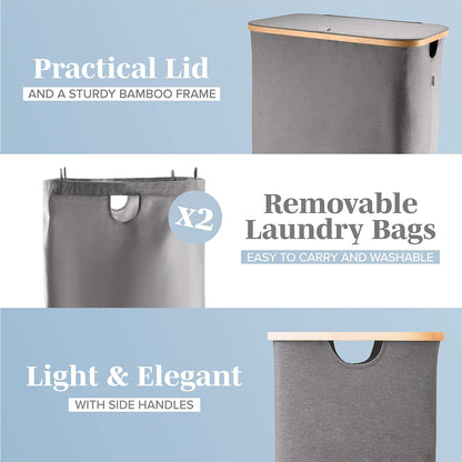 Laundry Basket with Lid, Made from Breathable Fabric | Aesthetic Clothes Hampers for Laundry with Side Handles & Sturdy Bamboo Frame (40 Gallons - Double, Gray)