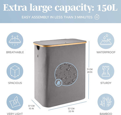 Laundry Basket with Lid, Made from Breathable Fabric | Aesthetic Clothes Hampers for Laundry with Side Handles & Sturdy Bamboo Frame (40 Gallons - Double, Gray)