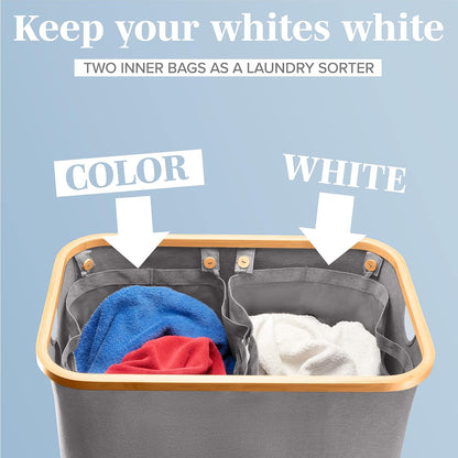 Laundry Basket with Lid, Made from Breathable Fabric | Aesthetic Clothes Hampers for Laundry with Side Handles & Sturdy Bamboo Frame (40 Gallons - Double, Gray)