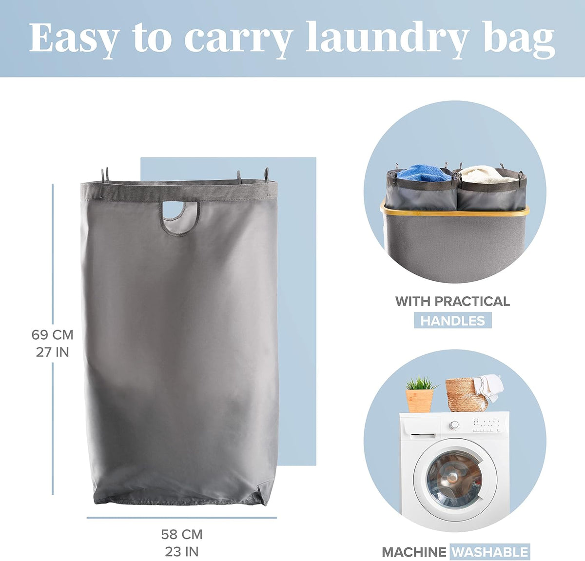 Laundry Basket with Lid, Made from Breathable Fabric | Aesthetic Clothes Hampers for Laundry with Side Handles & Sturdy Bamboo Frame (40 Gallons - Double, Gray)