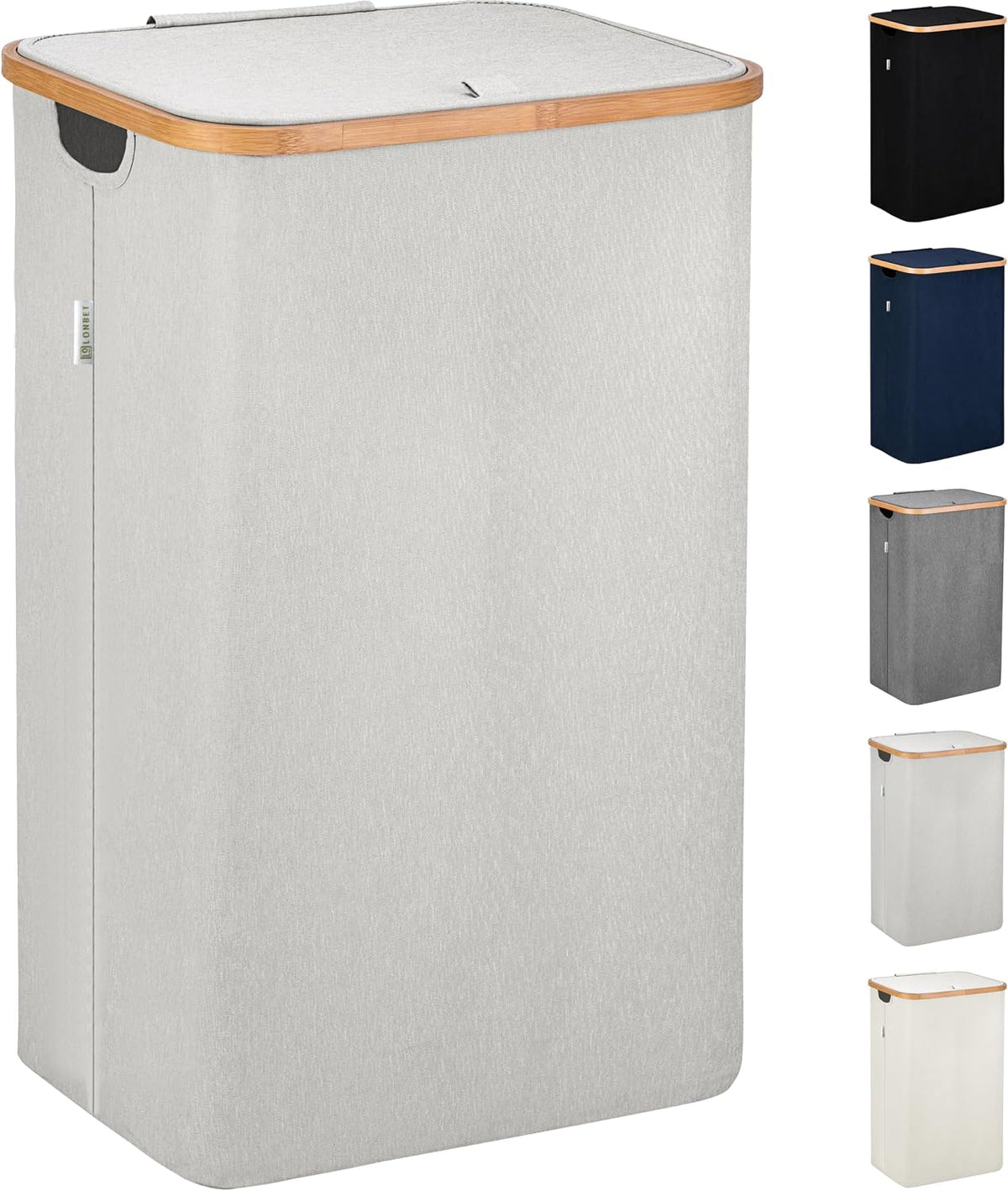 Laundry Basket with Lid, Made from Breathable Fabric | Aesthetic Clothes Hampers for Laundry with Side Handles & Sturdy Bamboo Frame (40 Gallons - Double, Gray)