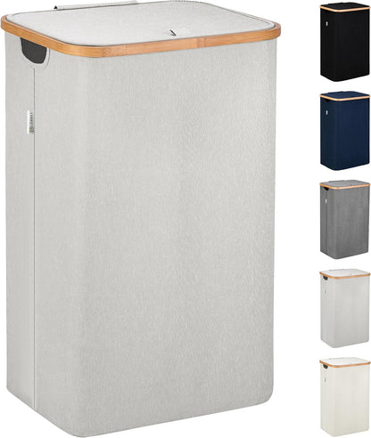 Laundry Basket with Lid, Made from Breathable Fabric | Aesthetic Clothes Hampers for Laundry with Side Handles & Sturdy Bamboo Frame (40 Gallons - Double, Gray)