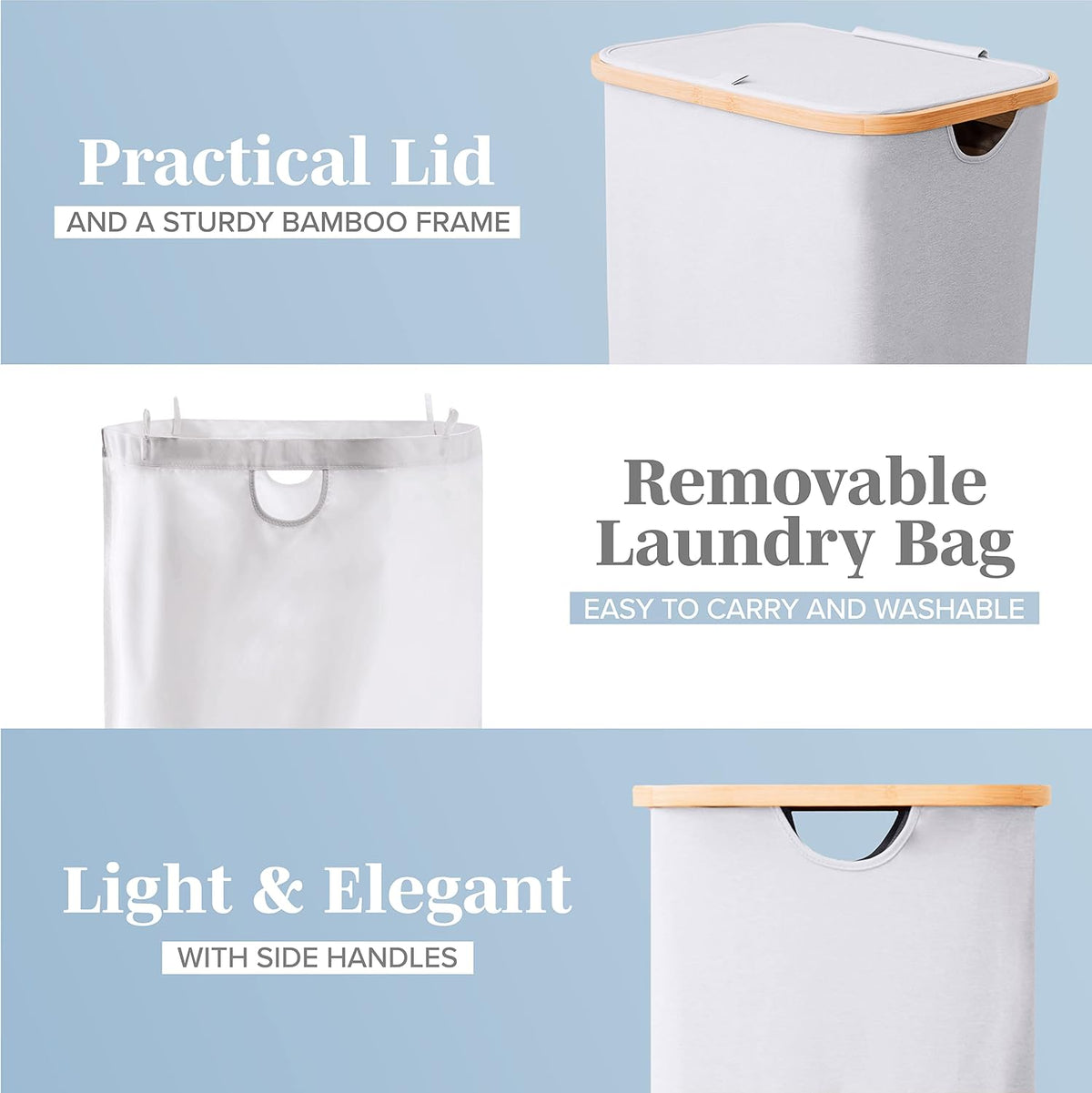 Laundry Basket with Lid, Made from Breathable Fabric | Aesthetic Clothes Hampers for Laundry with Side Handles & Sturdy Bamboo Frame (40 Gallons - Double, Gray)