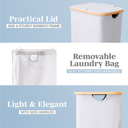Laundry Basket with Lid, Made from Breathable Fabric | Aesthetic Clothes Hampers for Laundry with Side Handles & Sturdy Bamboo Frame (40 Gallons - Double, Gray)