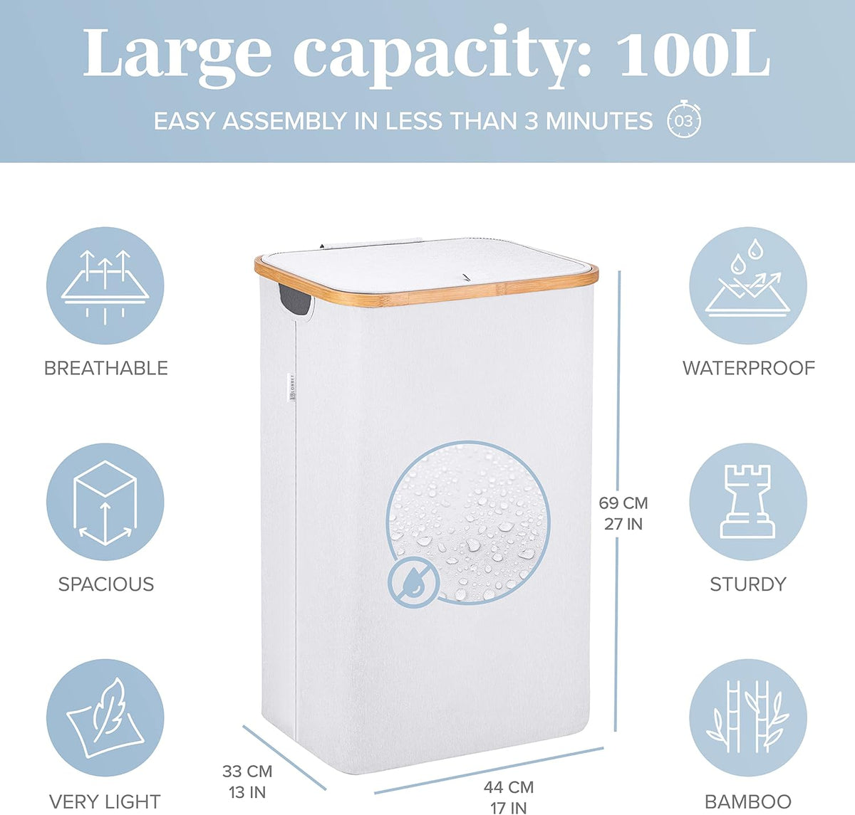 Laundry Basket with Lid, Made from Breathable Fabric | Aesthetic Clothes Hampers for Laundry with Side Handles & Sturdy Bamboo Frame (40 Gallons - Double, Gray)