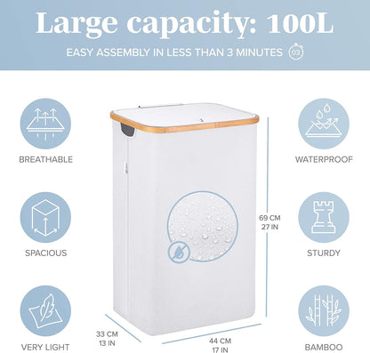 Laundry Basket with Lid, Made from Breathable Fabric | Aesthetic Clothes Hampers for Laundry with Side Handles & Sturdy Bamboo Frame (40 Gallons - Double, Gray)