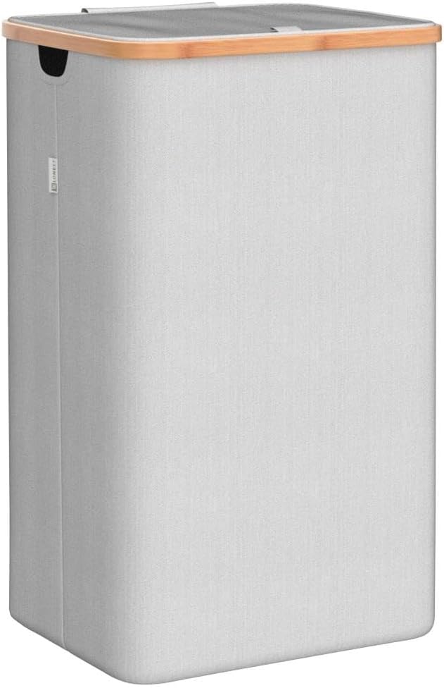 Laundry Basket with Lid, Made from Breathable Fabric | Aesthetic Clothes Hampers for Laundry with Side Handles & Sturdy Bamboo Frame (40 Gallons - Double, Gray)