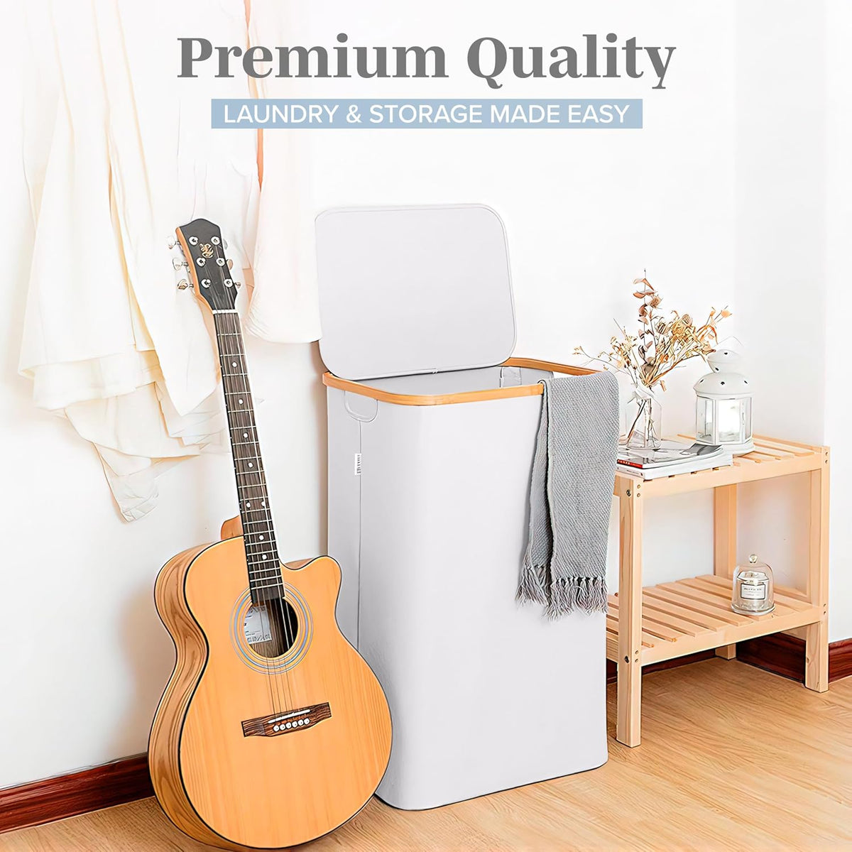 Laundry Basket with Lid, Made from Breathable Fabric | Aesthetic Clothes Hampers for Laundry with Side Handles & Sturdy Bamboo Frame (40 Gallons - Double, Gray)