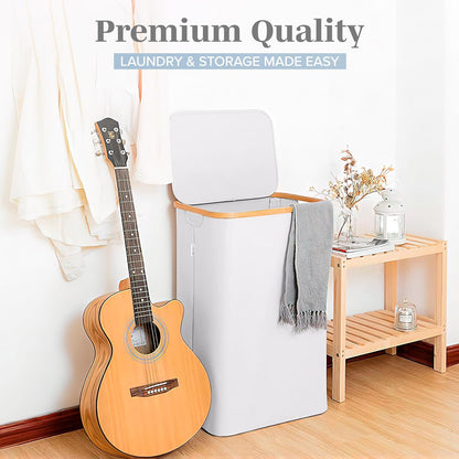 Laundry Basket with Lid, Made from Breathable Fabric | Aesthetic Clothes Hampers for Laundry with Side Handles & Sturdy Bamboo Frame (40 Gallons - Double, Gray)