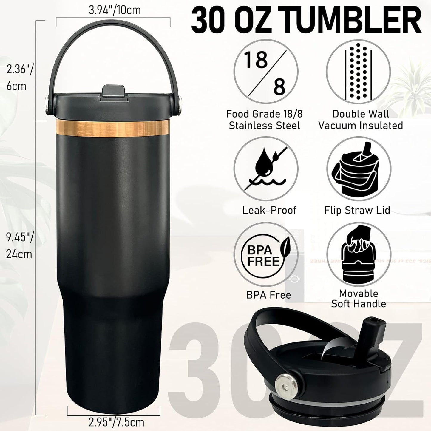30 oz Tumbler Bulk with Top Handle and Flip Straw Black, 1 Pack | Stainless Steel Insulated Water Bottle, Double Wall Vacuum Travel Coffee Mug, Leakproof, Powder Coated, Laser Engrave