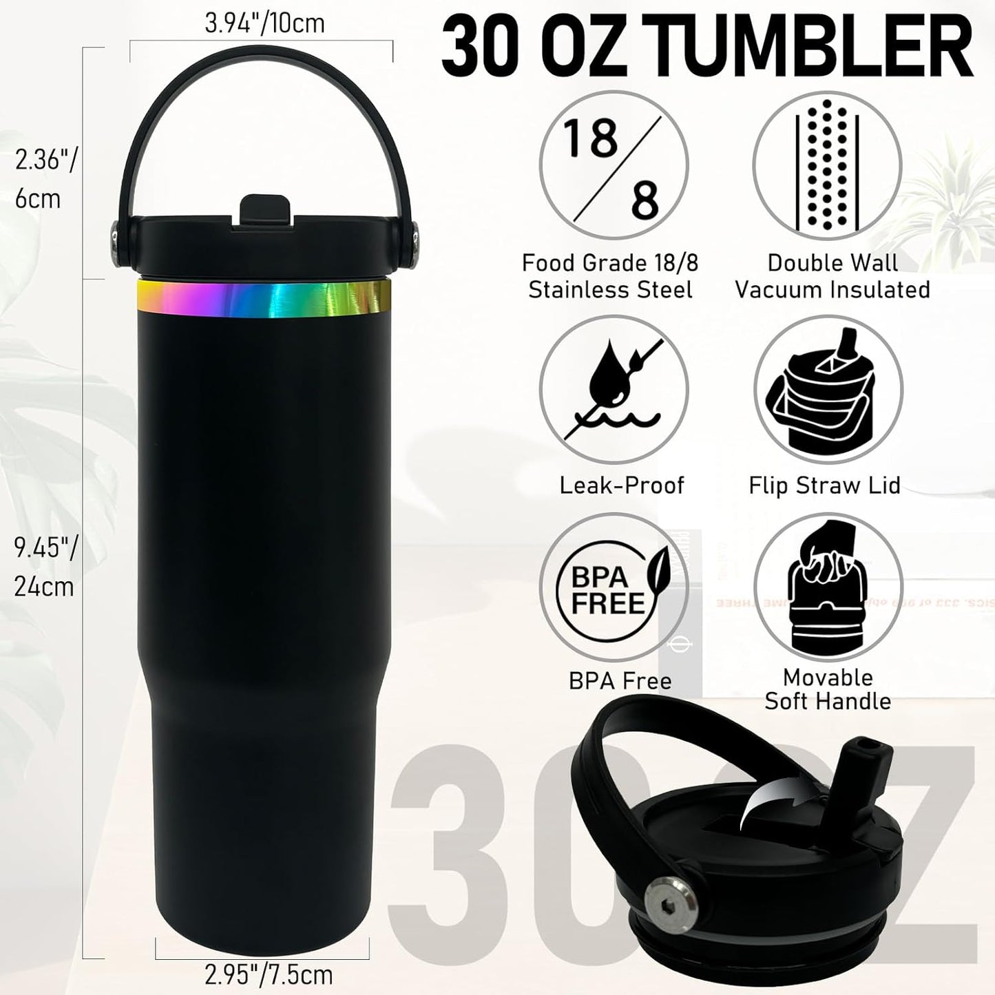 30 oz Tumbler Bulk with Top Handle and Flip Straw Black, 1 Pack | Stainless Steel Insulated Water Bottle, Double Wall Vacuum Travel Coffee Mug, Leakproof, Powder Coated, Laser Engrave