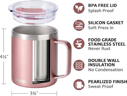 Travel Coffee Mug with Lid, Insulated Tumbler with Handle, 14 oz Stainless Steel Cup for Ice, Water, Tea, Cool Grey