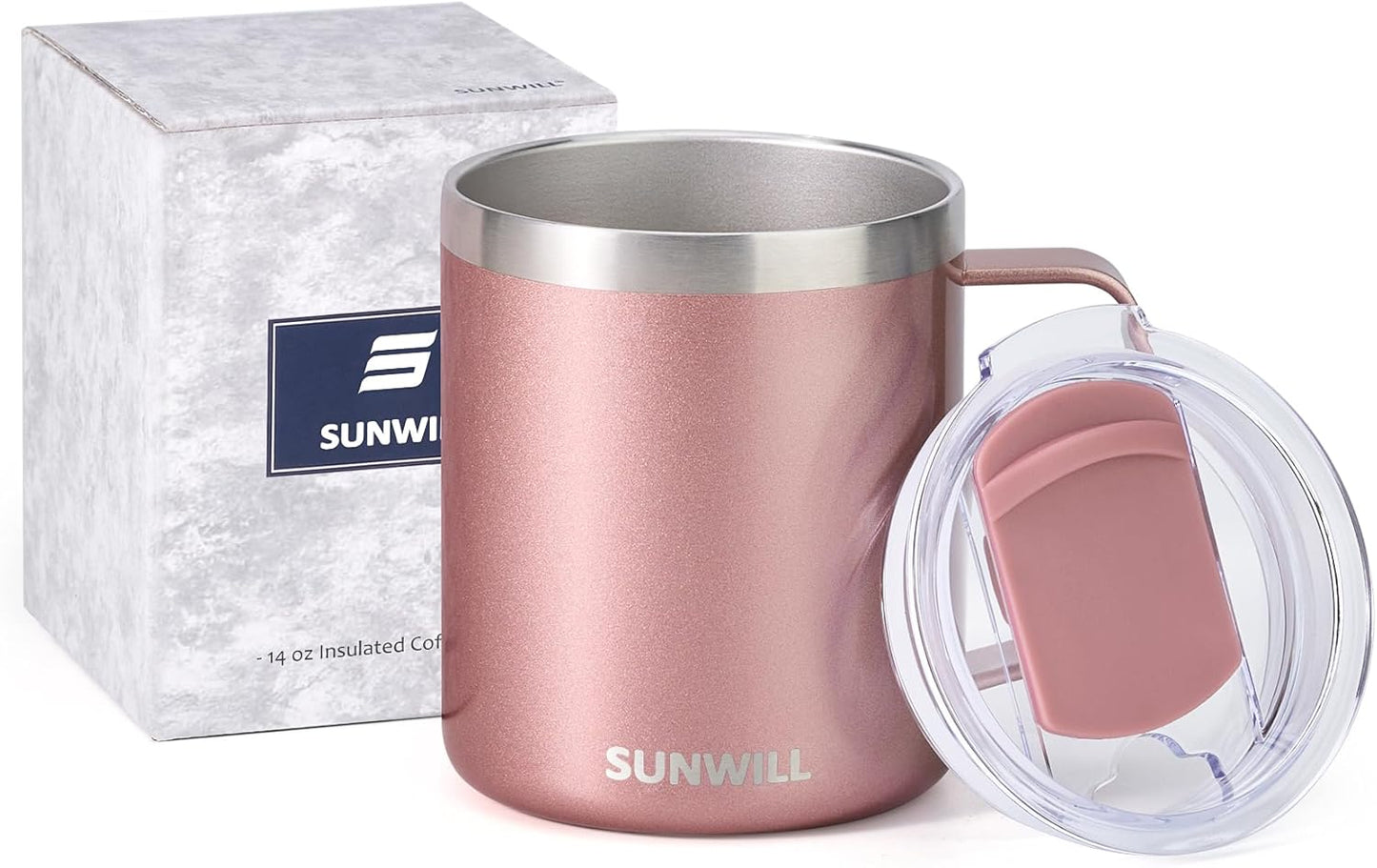 Travel Coffee Mug with Lid, Insulated Tumbler with Handle, 14 oz Stainless Steel Cup for Ice, Water, Tea, Cool Grey