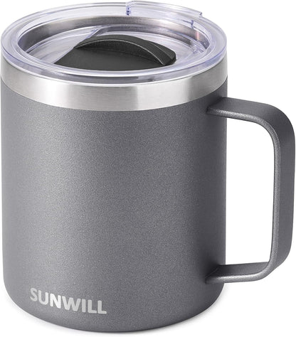Travel Coffee Mug with Lid, Insulated Tumbler with Handle, 14 oz Stainless Steel Cup for Ice, Water, Tea, Cool Grey