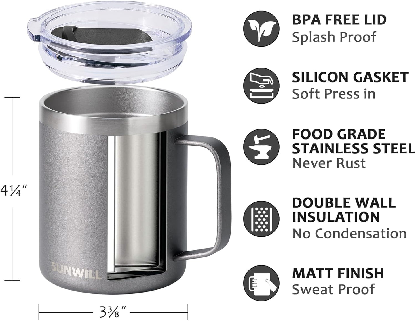 Travel Coffee Mug with Lid, Insulated Tumbler with Handle, 14 oz Stainless Steel Cup for Ice, Water, Tea, Cool Grey