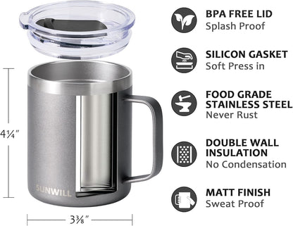 Travel Coffee Mug with Lid, Insulated Tumbler with Handle, 14 oz Stainless Steel Cup for Ice, Water, Tea, Cool Grey