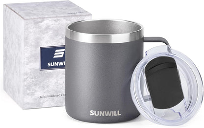 Travel Coffee Mug with Lid, Insulated Tumbler with Handle, 14 oz Stainless Steel Cup for Ice, Water, Tea, Cool Grey