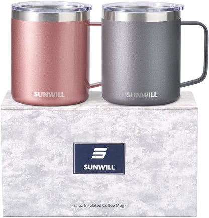 Travel Coffee Mug with Lid, Insulated Tumbler with Handle, 14 oz Stainless Steel Cup for Ice, Water, Tea, Cool Grey