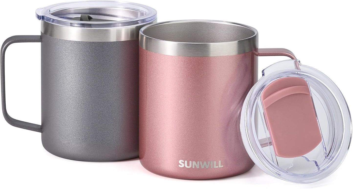 Travel Coffee Mug with Lid, Insulated Tumbler with Handle, 14 oz Stainless Steel Cup for Ice, Water, Tea, Cool Grey