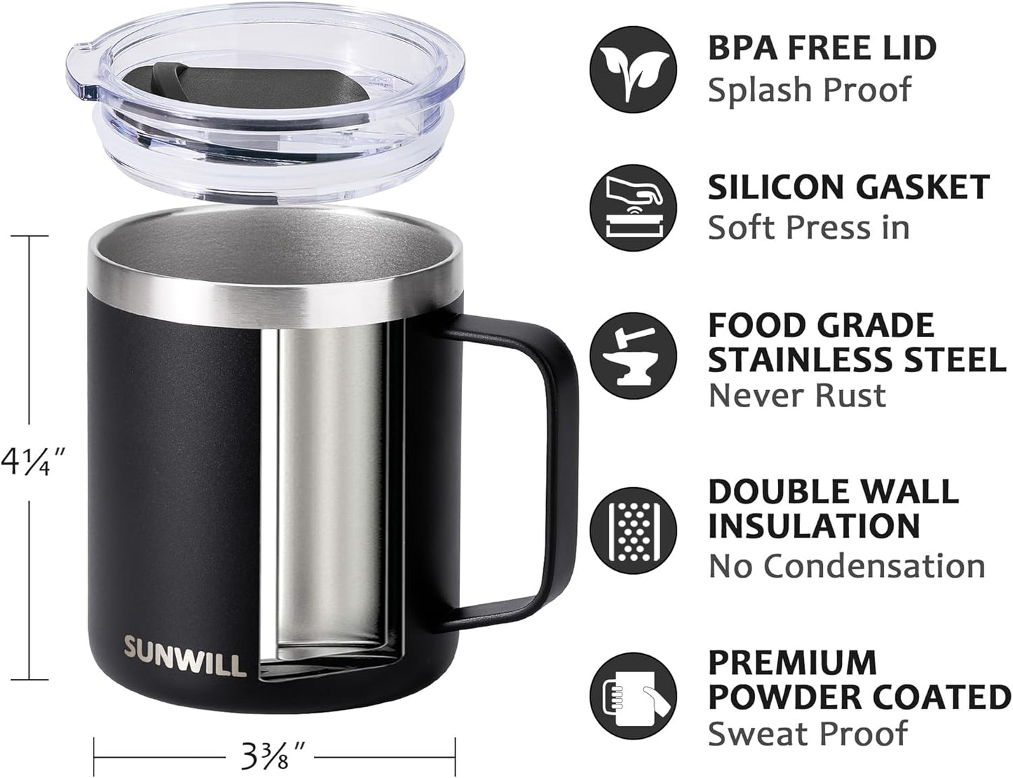 Travel Coffee Mug with Lid, Insulated Tumbler with Handle, 14 oz Stainless Steel Cup for Ice, Water, Tea, Cool Grey