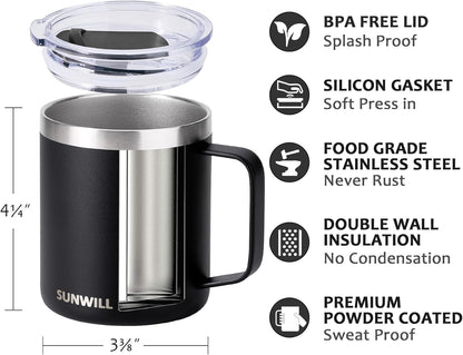 Travel Coffee Mug with Lid, Insulated Tumbler with Handle, 14 oz Stainless Steel Cup for Ice, Water, Tea, Cool Grey