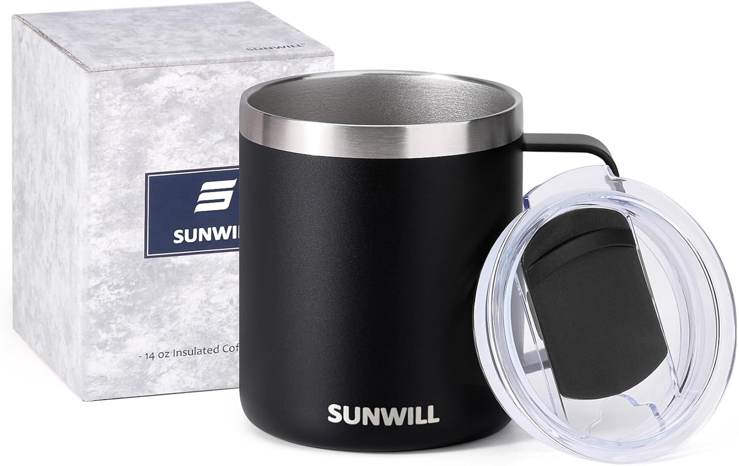 Travel Coffee Mug with Lid, Insulated Tumbler with Handle, 14 oz Stainless Steel Cup for Ice, Water, Tea, Cool Grey