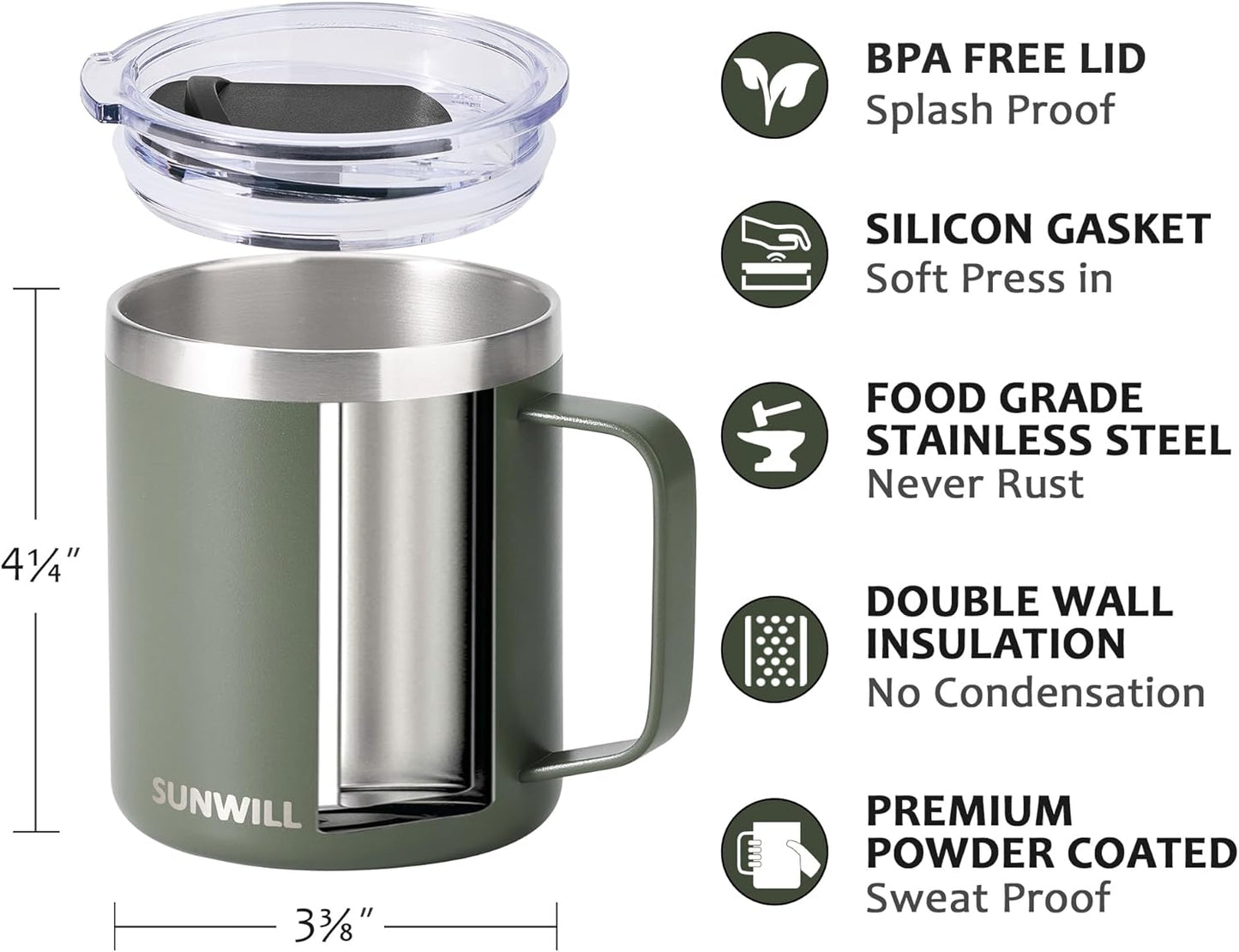 Travel Coffee Mug with Lid, Insulated Tumbler with Handle, 14 oz Stainless Steel Cup for Ice, Water, Tea, Cool Grey