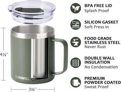 Travel Coffee Mug with Lid, Insulated Tumbler with Handle, 14 oz Stainless Steel Cup for Ice, Water, Tea, Cool Grey