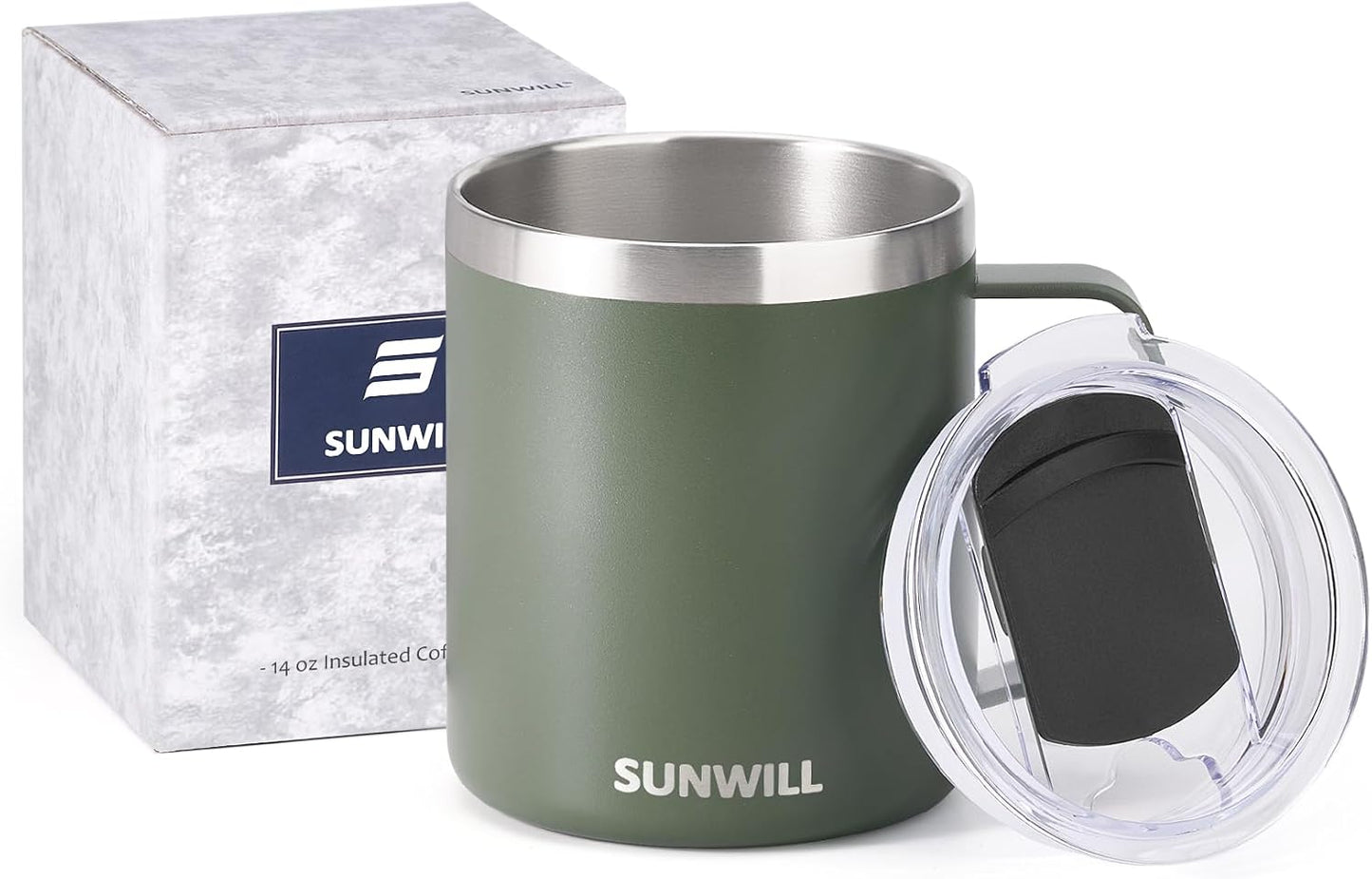 Travel Coffee Mug with Lid, Insulated Tumbler with Handle, 14 oz Stainless Steel Cup for Ice, Water, Tea, Cool Grey