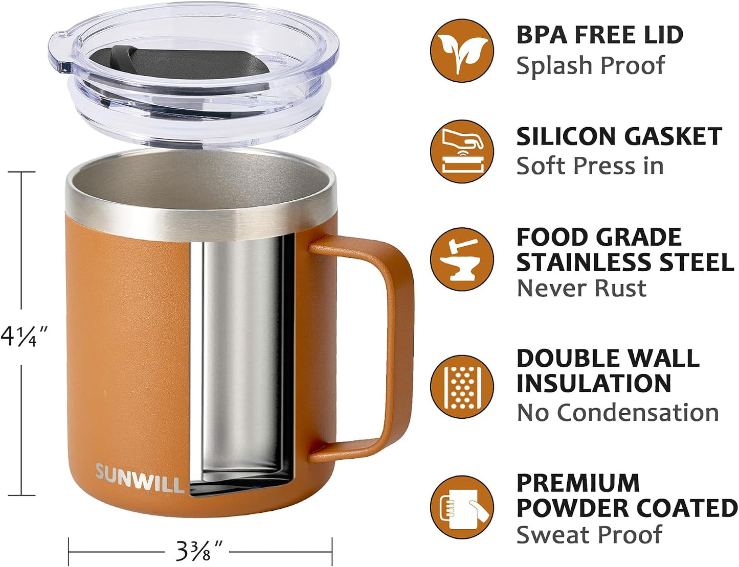 Travel Coffee Mug with Lid, Insulated Tumbler with Handle, 14 oz Stainless Steel Cup for Ice, Water, Tea, Cool Grey