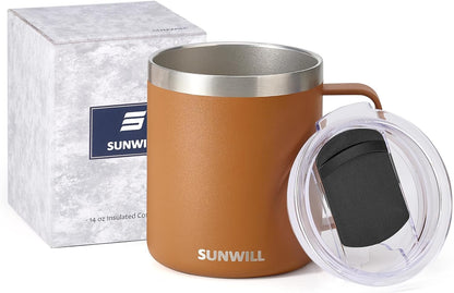 Travel Coffee Mug with Lid, Insulated Tumbler with Handle, 14 oz Stainless Steel Cup for Ice, Water, Tea, Cool Grey