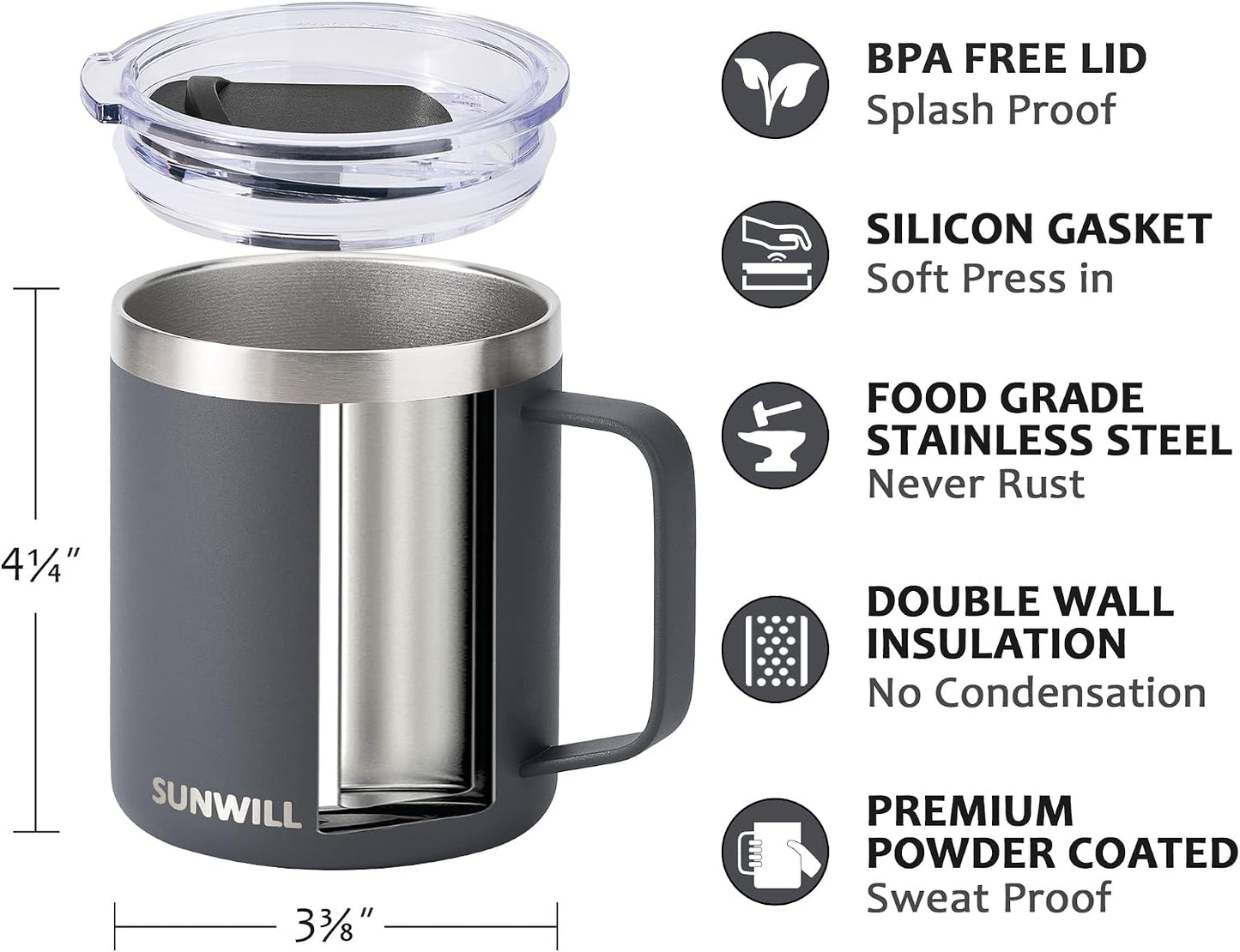 Travel Coffee Mug with Lid, Insulated Tumbler with Handle, 14 oz Stainless Steel Cup for Ice, Water, Tea, Cool Grey